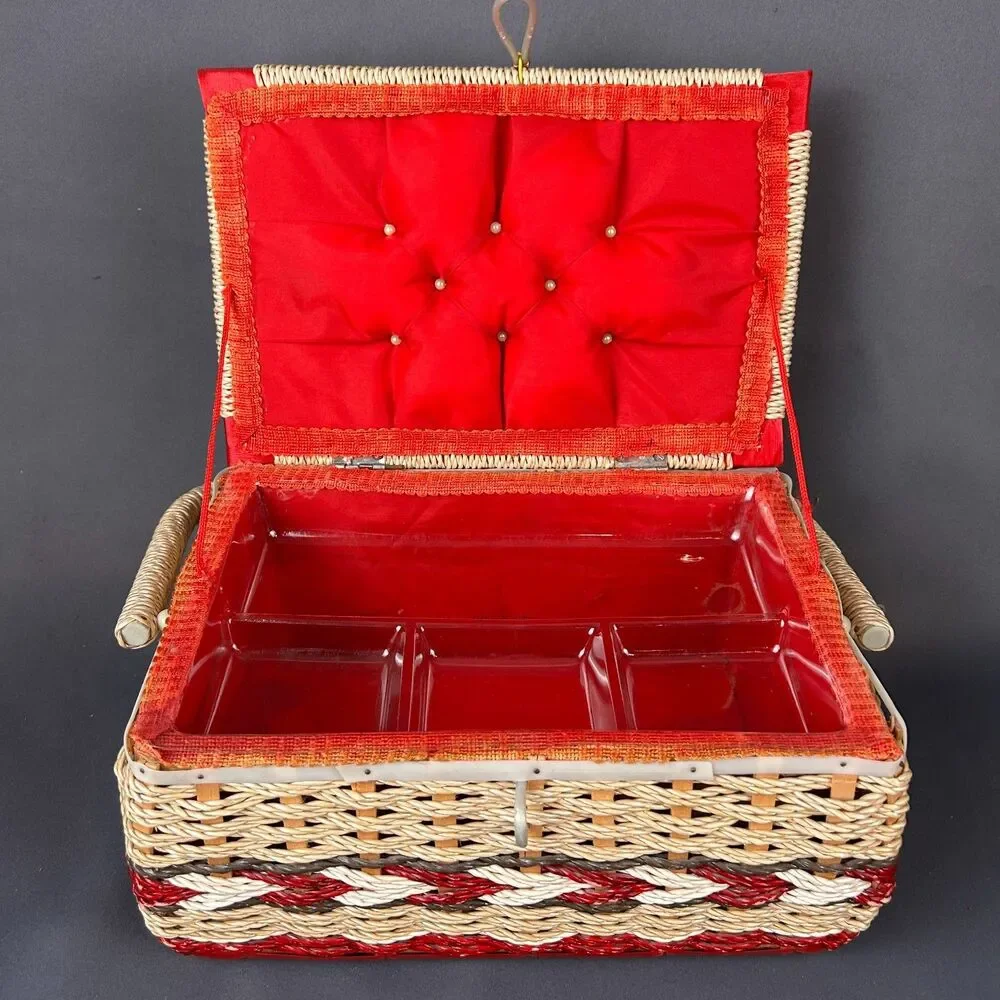 Charming Vintage Cream + Red Wicker Sewing Box 11
